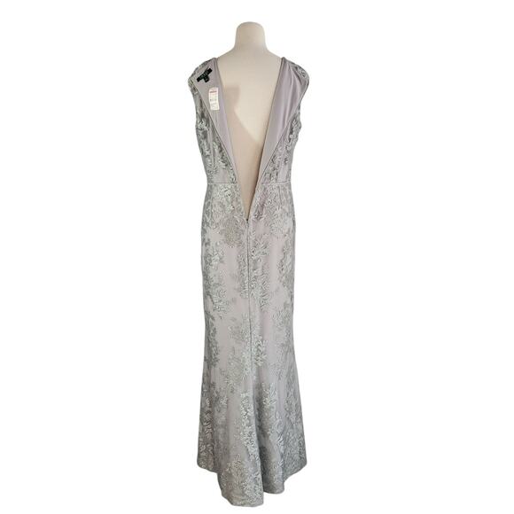 Lauren Ralph Lauren Evening Gown 12 Silver Gray Embroidered Mesh V-Neck Y2K NWT - Picture 6 of 16